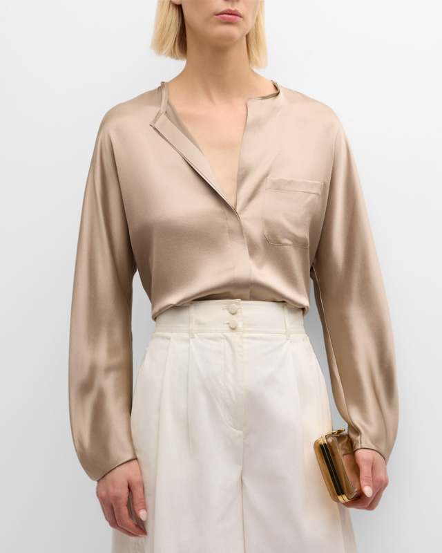 Raw-Edge Button-Front Silk Blouse